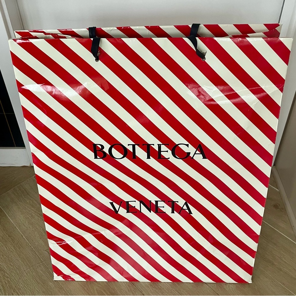 Bottega Veneta Giant Striped waxed paper shopping bag, has corner wear, 27”x22” - Picture 7 of 12